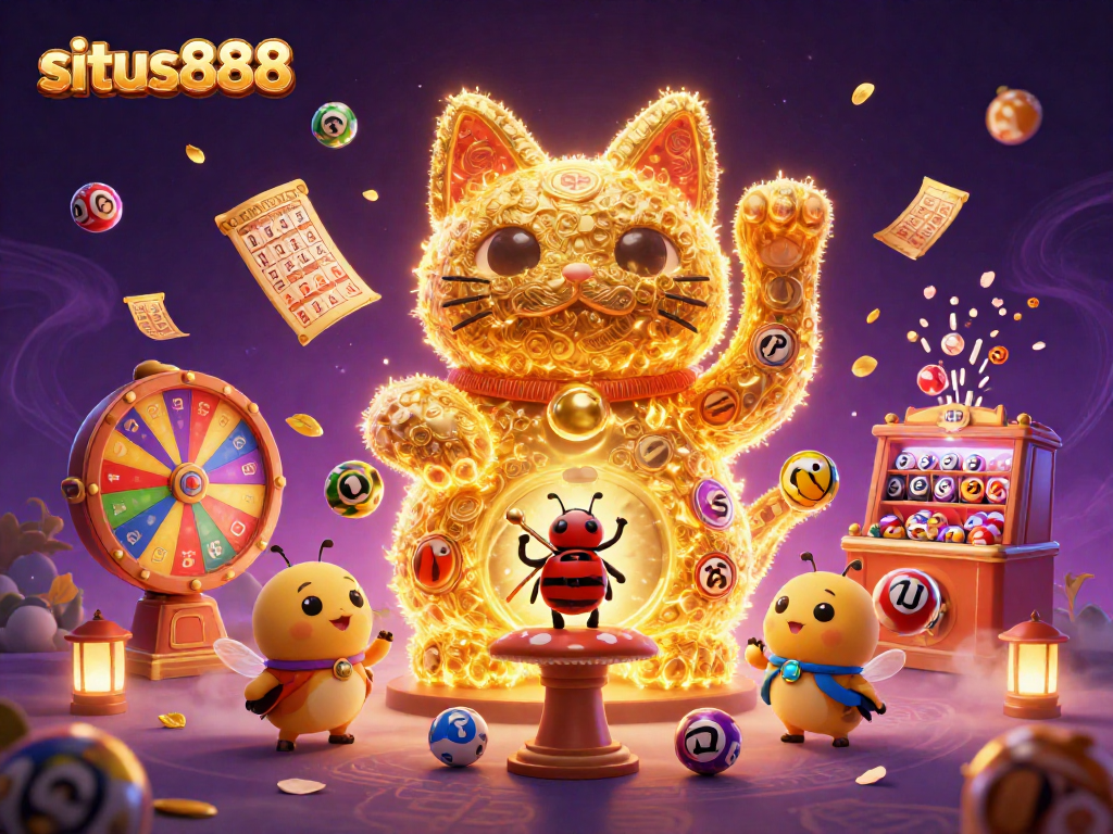 Engage with situs888's vibrant lucky cat illustration surrounded by exciting gambling elements.