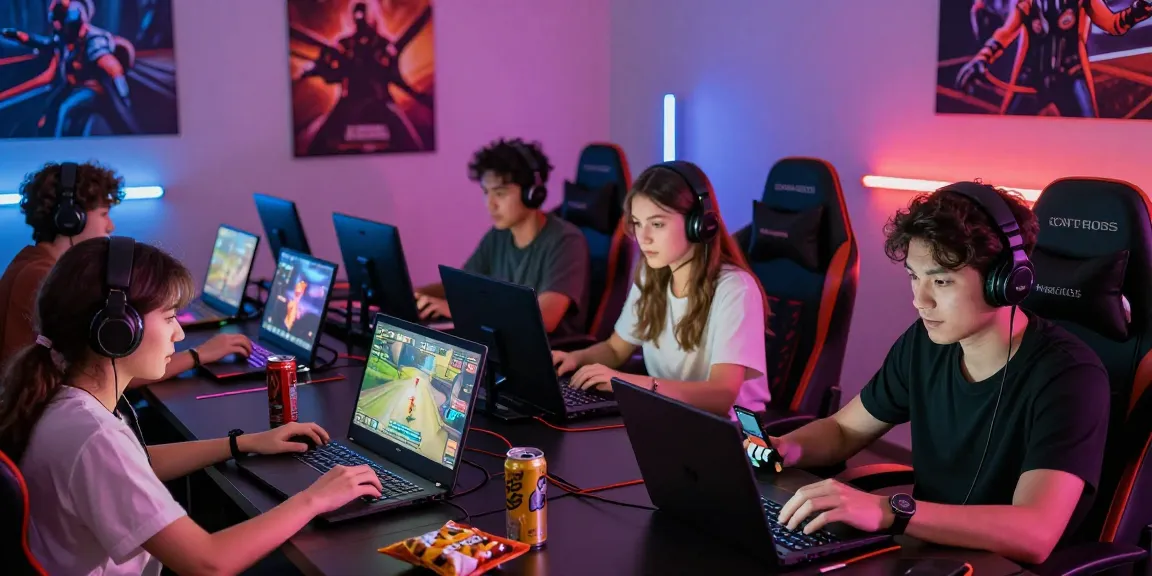 Exciting scene of gamers playing porngames online on multiple devices with vibrant colors and ambient lighting.