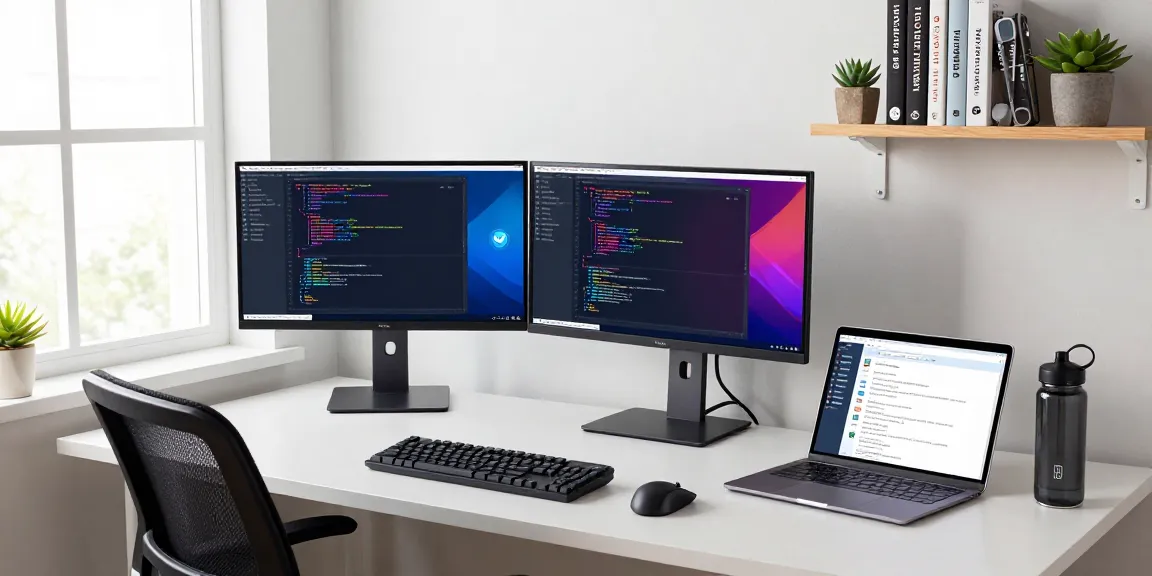 Focused developer working on 纸飞机中文版 with dual monitors in a modern office.