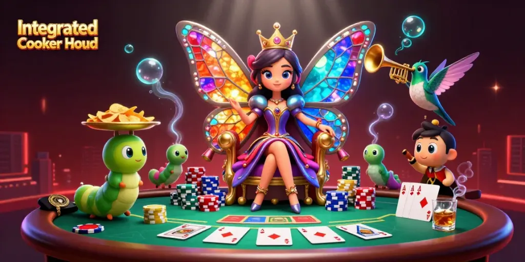 Integrated Cooker Hood illustration with cartoon characters engaging in a lively casino atmosphere.