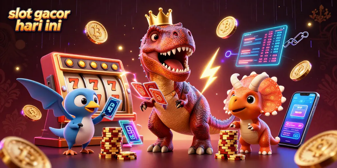 Engage with slot gacor hari ini in this vibrant 3D illustration featuring T-Rex and friends at the casino.
