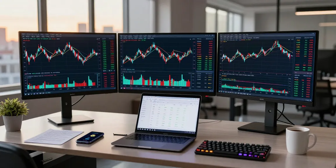 SPY stock trading setup in a modern office with crypto charts and analysis tools, emphasizing trading strategies and portfolio management.