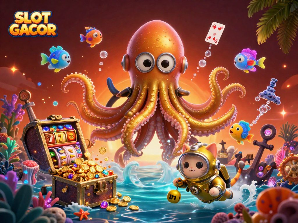 SLOT GACOR highlights a thrilling scene of underwater adventure with the kraken, a diving cat, and vibrant game elements.