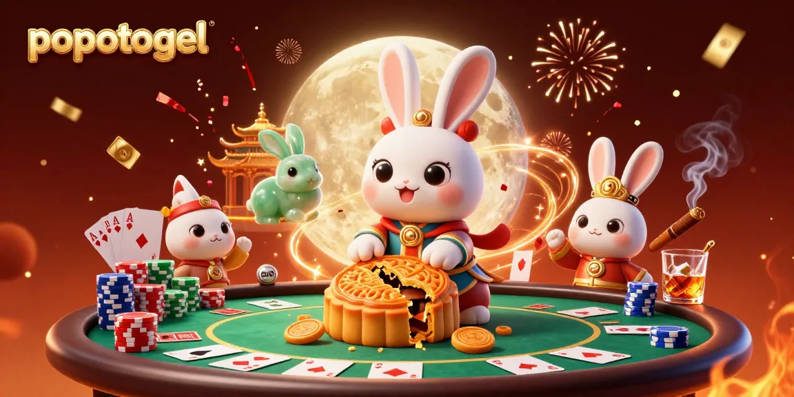Experience popotogel with a lively scene featuring a folkloric rabbit, poker chips, and celebratory elements.
