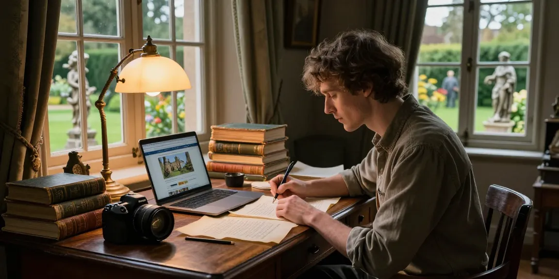 Explore the captivating content at https://tyntescastle.com on a writer's desk surrounded by historical artifacts.