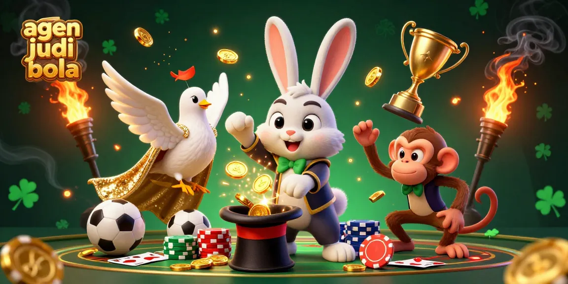 Experience the thrill with agen judi bola showcasing a vibrant scene featuring a magician rabbit, dove, and monkey.