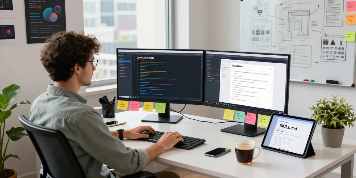 Dynamic workspace showcasing openclaw skills development with dual monitors, creative notes, and coding tools.