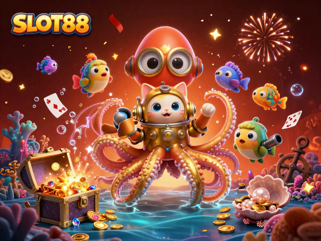 Gelombang keberuntungan SLOT88 saat bermain slot dengan koin emas dan permata berwarna di lautan harta karun.