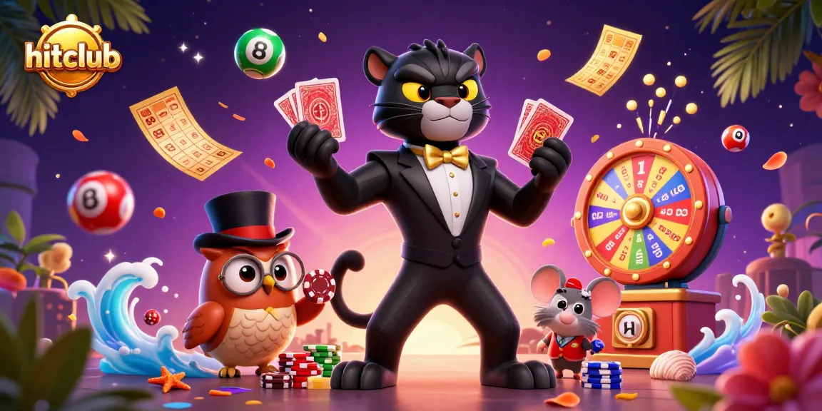 Engage with hitclub as the stylish panther deals cards amid vibrant gaming chaos.