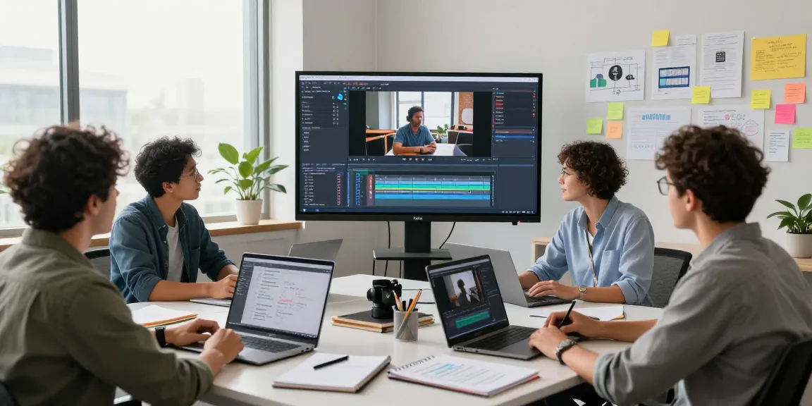 Team using video prompt AI technology in a modern office to enhance video creation.