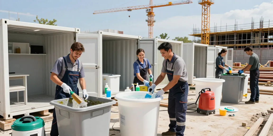 Containerreinigung auf einer Baustelle, Team von Fachleuten reinigt Büros und Sanitärcontainer.