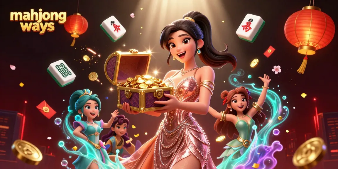 Experience mahjong ways with golden treasures in this vibrant casino-themed illustration.