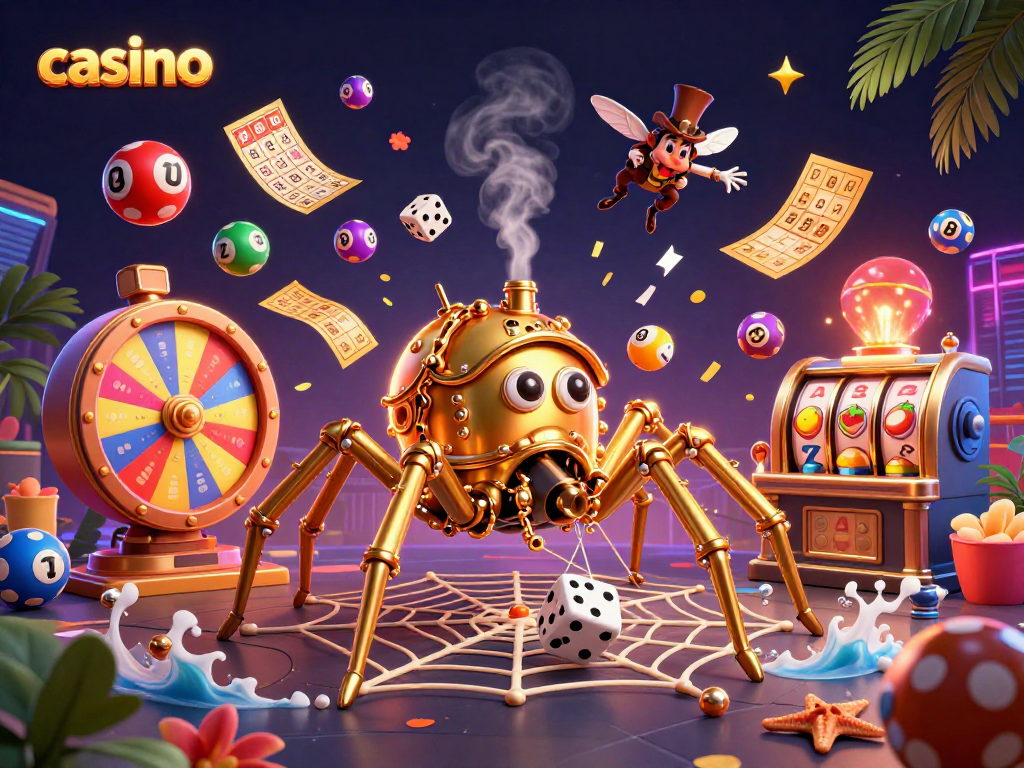Casino fun with a steampunk spider, animated characters, and vibrant game elements.