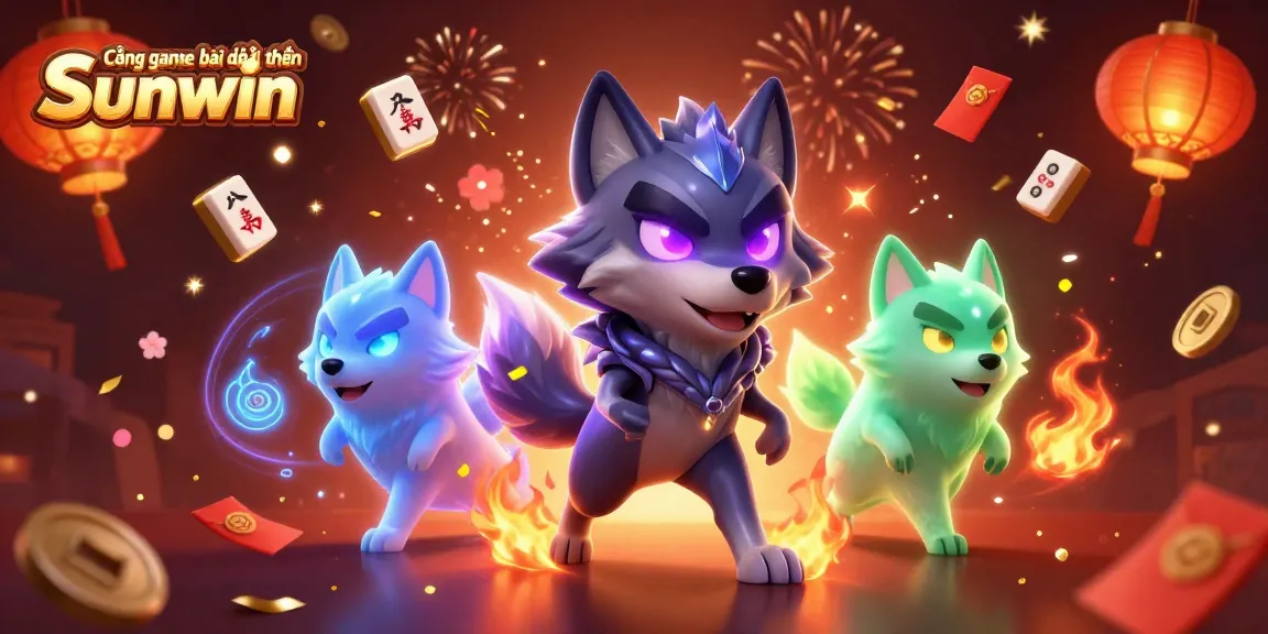 Cổng game bài đổi thưởng Sunwin presents a vibrant 3D casino-themed illustration with mystical wolf characters.