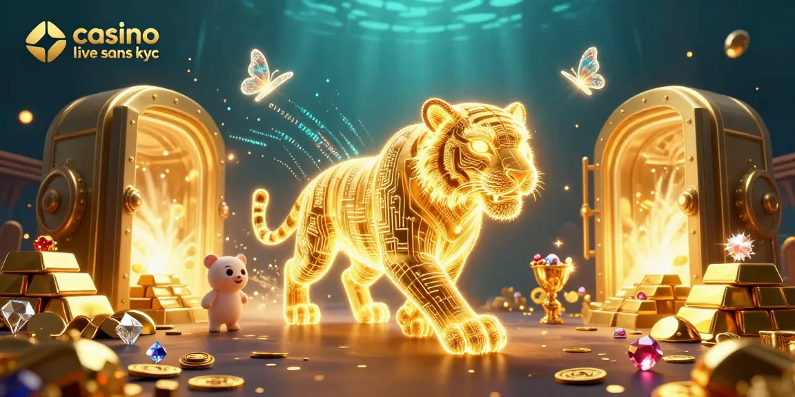Jouer au casino live sans KYC avec l'élégance d'un tigre doré à travers un paysage numérique.