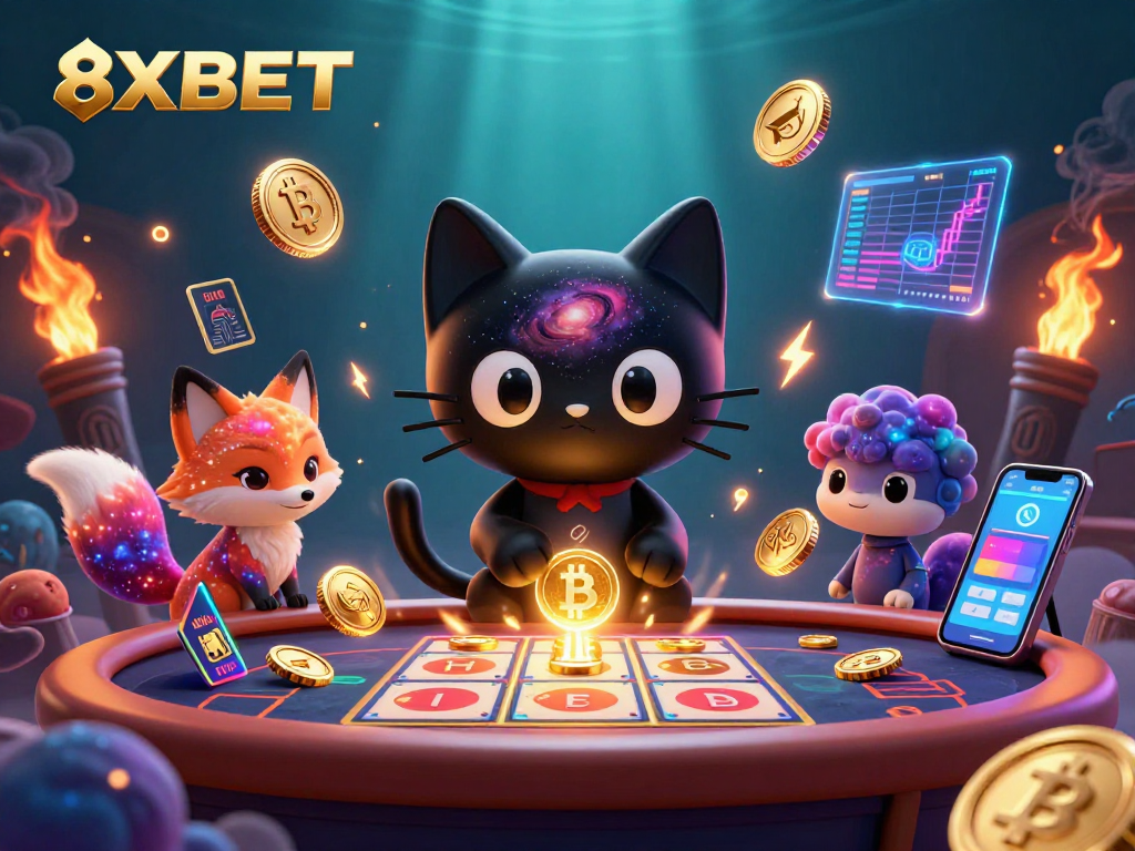 Win big with 8XBET: A dynamic casino scene featuring a black hole cat and a nebula fox at the cosmic table.