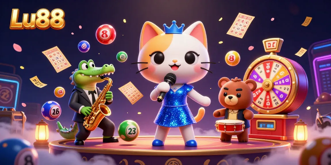 Experience the thrill of Lu88 with vibrant casino game characters amidst exciting lottery visuals.
