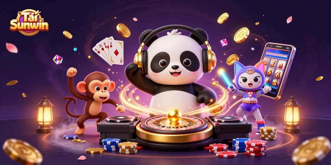 Tải Sunwin with a DJ panda spinning on roulette wheels amidst colorful casino elements in a vibrant party scene.