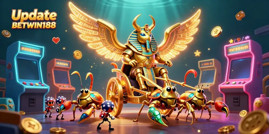 Update BETWIN188 dengan ilustrasi fantastis yang menggambarkan scarab emas bertema kasino.