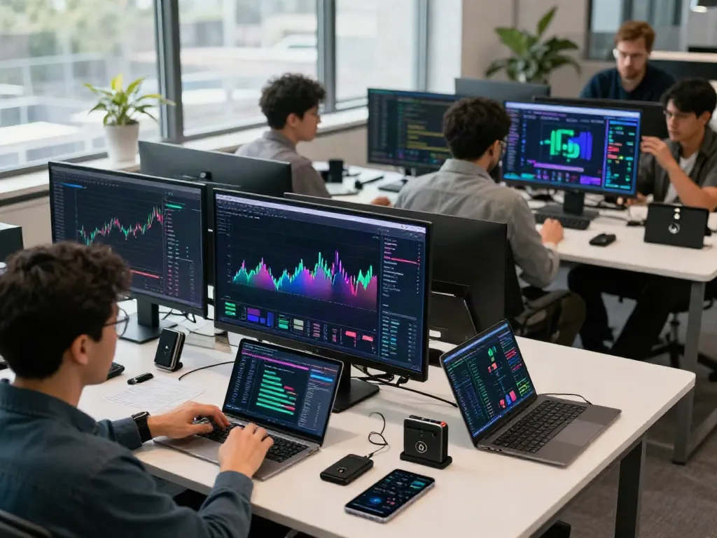 交易所行情数据API application in a professional cryptocurrency trading workspace with digital charts and collaborative atmosphere.