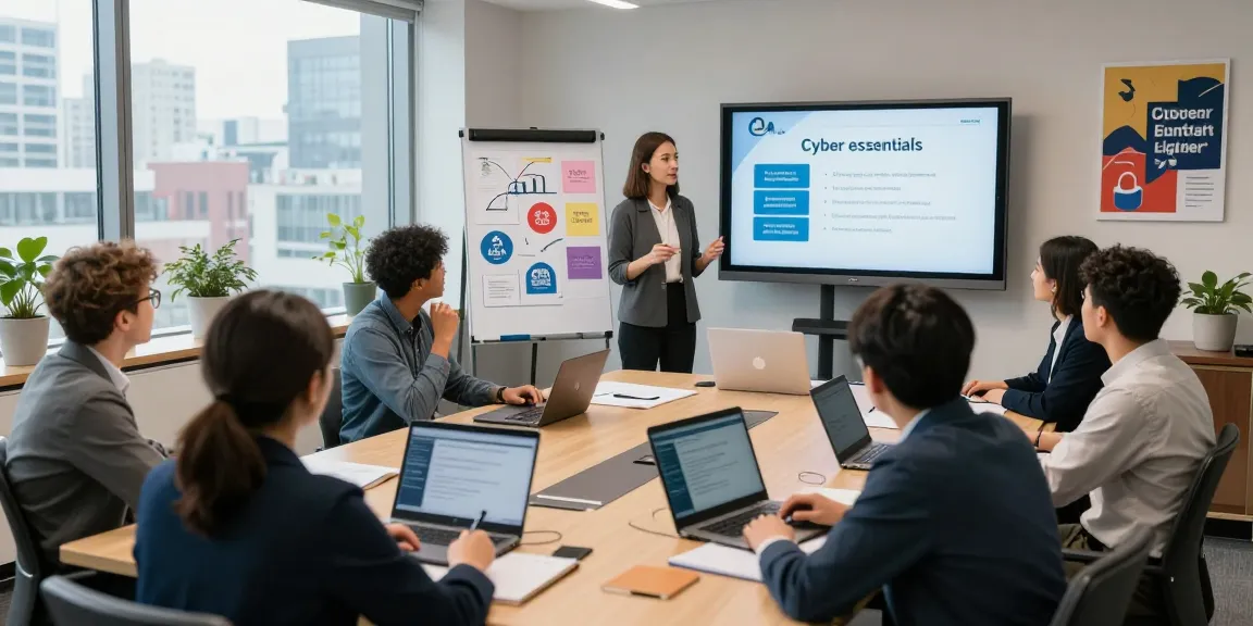 Professionals learning how to get cyber essentials certified in a modern office training session.