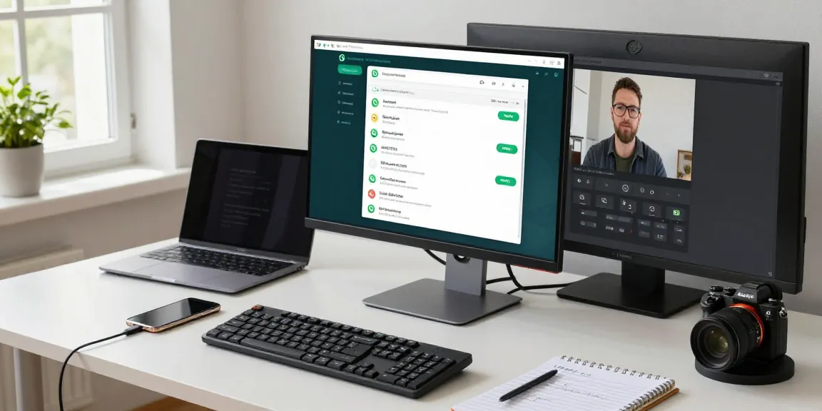 Using WhatsApp網頁版 on dual monitors in a productive tech workspace