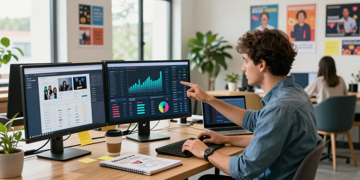Marketer analyzing digital marketing data in a vibrant workspace, focusing on raja328 alternatif strategies.
