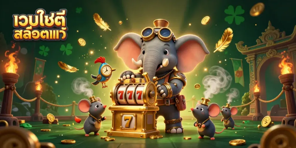ภาพประกอบเว็บไซต์สล็อตแท้ แสดงวิศวกรช้างสตีมพังค์ที่คาสิโน