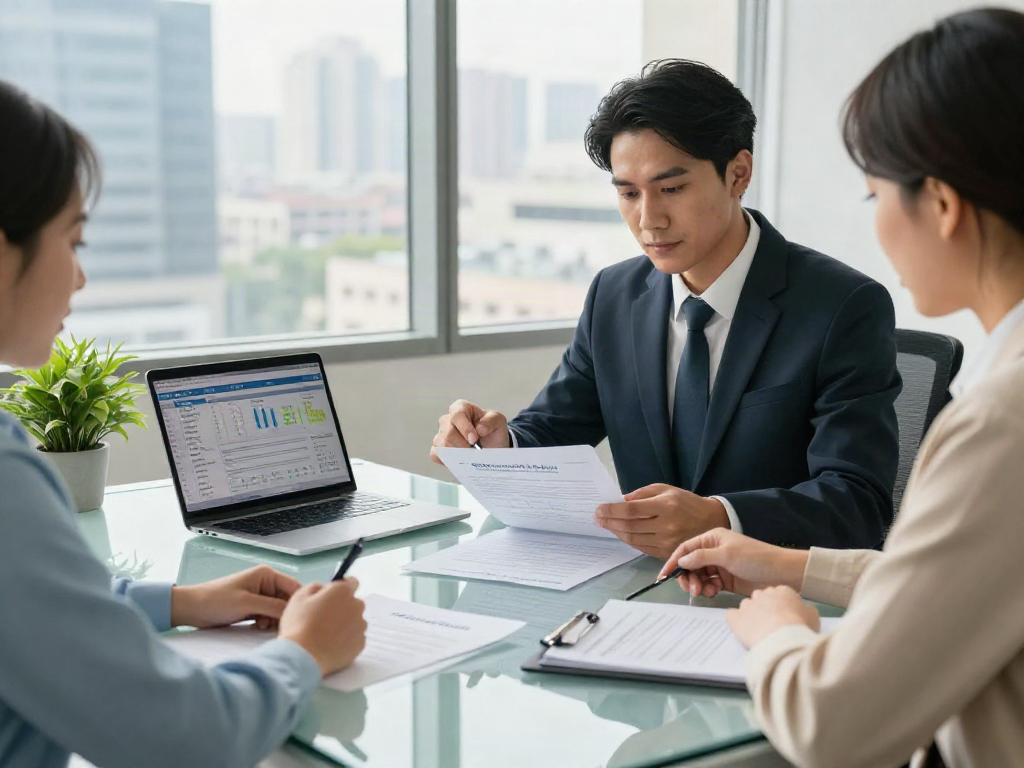 Clients reviewing real estate options with financial advisor discussing deposit 10k in a professional office.