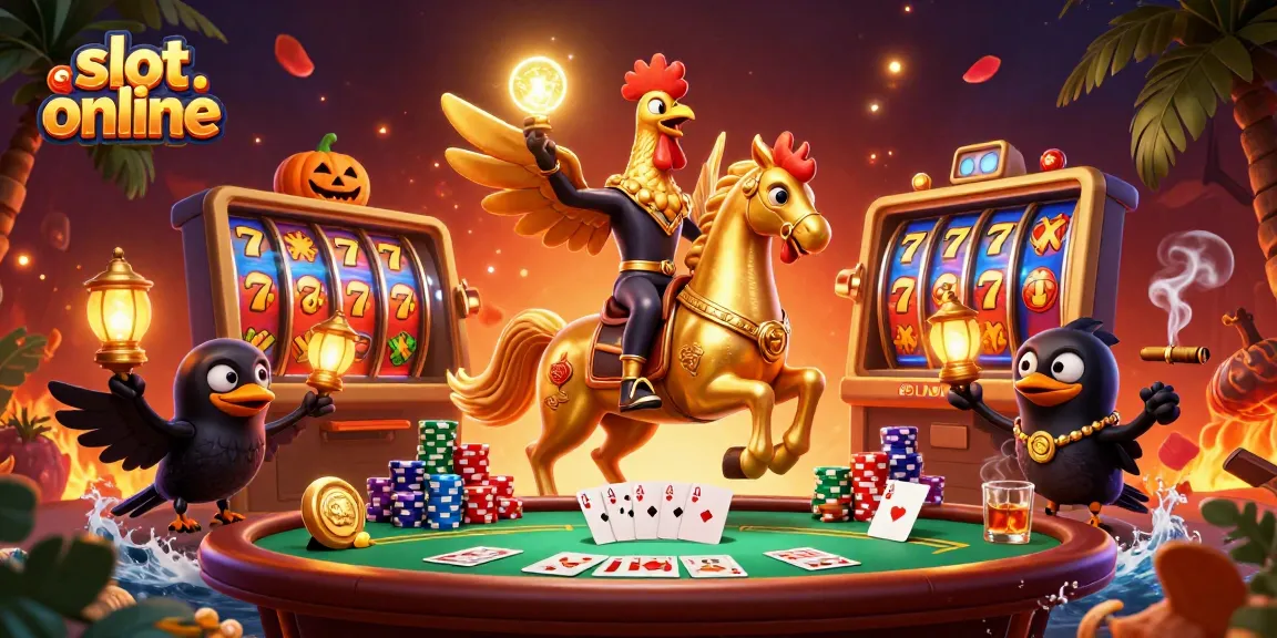 Engage with thrilling slot online experiences alongside a golden rooster and spectral horse at a lively midnight casino.