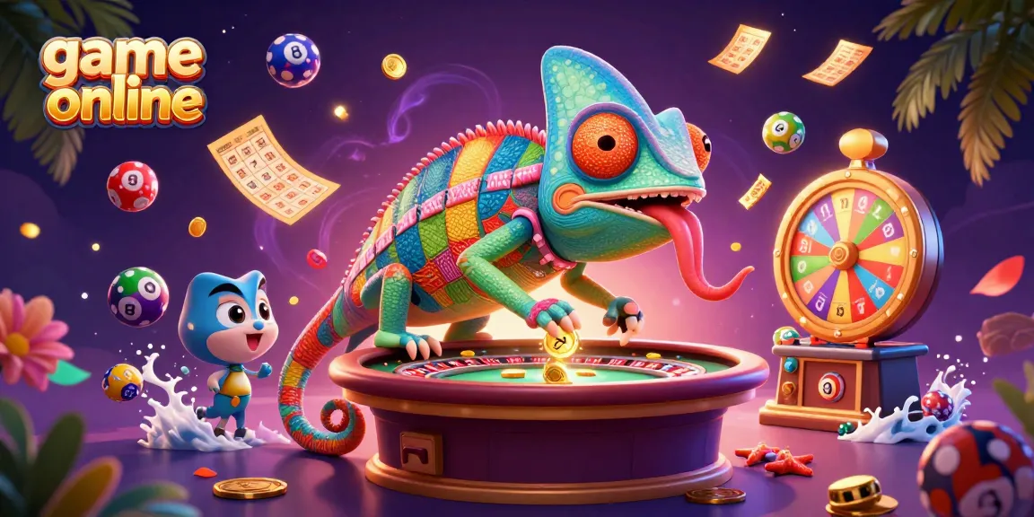 Play game online with vibrant elements in a colorful casino-inspired 3D illustration.