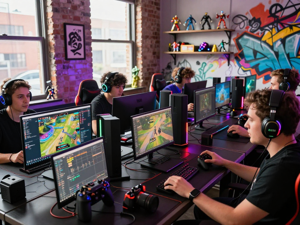 rokok88 gaming session with friends showcasing competitive online play in vibrant setting