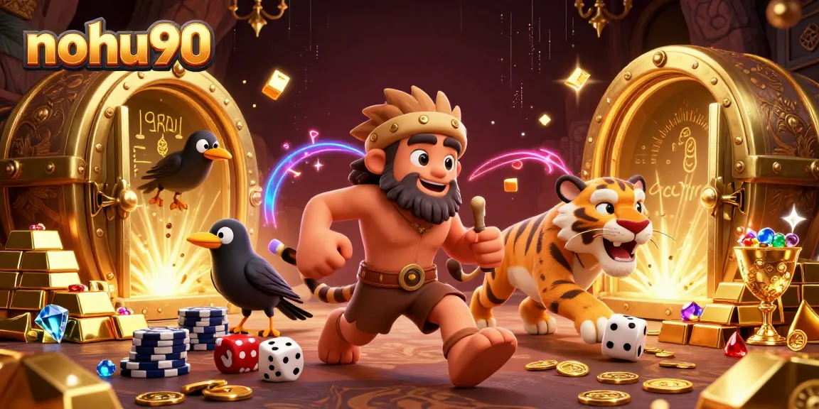Experience the thrill of nohu90 in a vibrant prehistoric casino featuring dynamic elements and colorful characters.