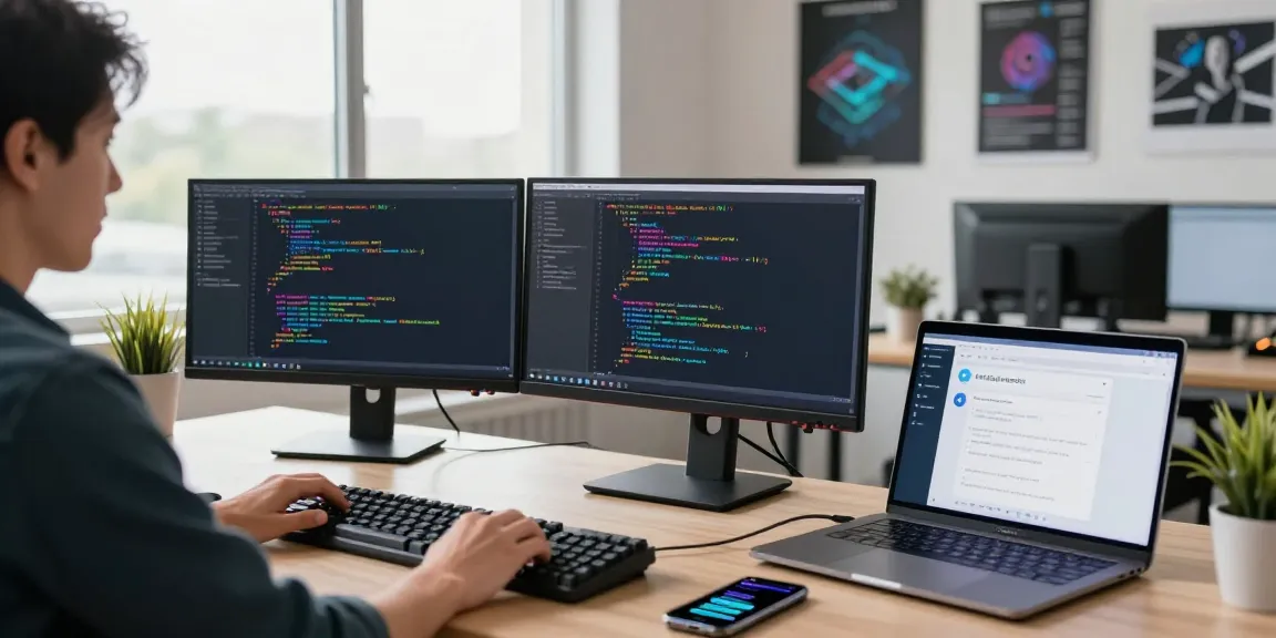Professional workspace with dual monitors coding Telegram features, showcasing a vibrant tech atmosphere, 纸飞机中文版 integration.