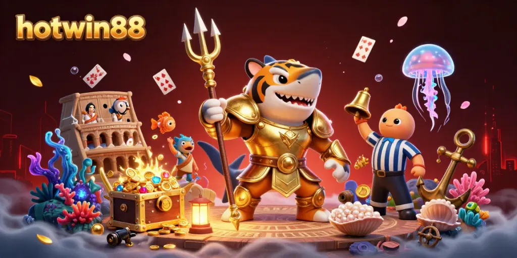 Experience the excitement of hotwin88 as the tiger shark battles in an underwater casino arena.