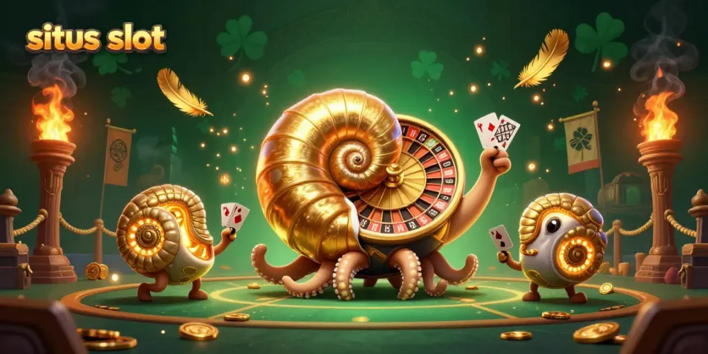 Engage in thrilling situs slot gameplay with a vibrant, dynamic casino scene featuring a nautilus roulette wheel.
