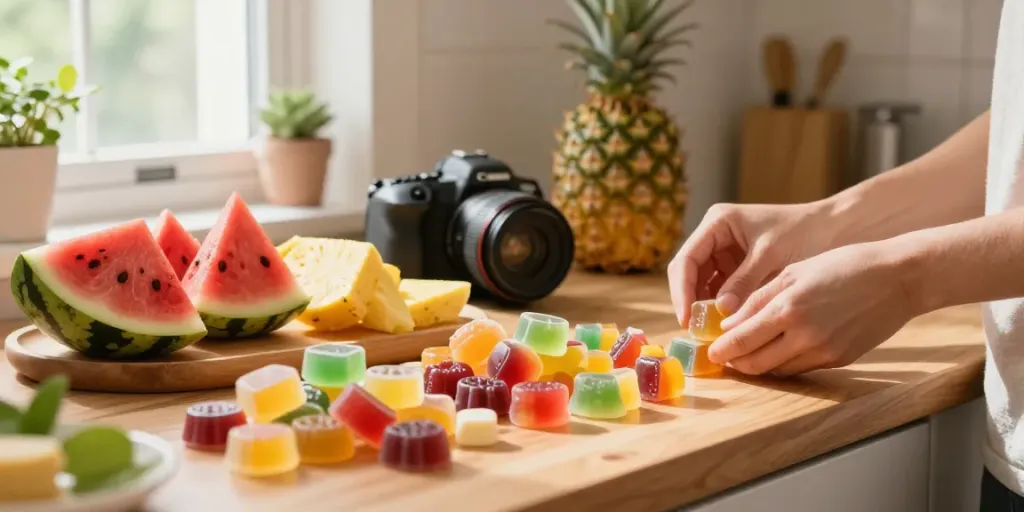 Activist edibles displayed artistically with vibrant fruits and a cozy kitchen backdrop.