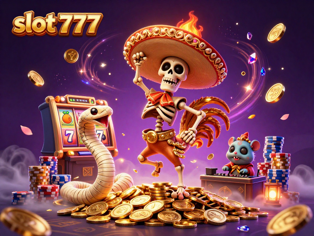 Experience the thrill of slot 777 with vibrant characters dancing amidst flying coins and slot machine reels.