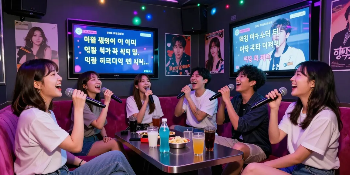 Friends enjoying 강남노래방 with vibrant lighting and K-pop decor.