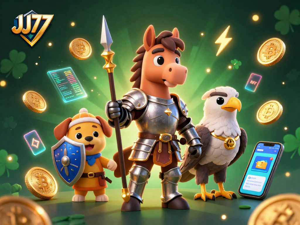 Experience thrilling gameplay with JJ77 in a vibrant 3D cartoon scene featuring dynamic characters and cryptocurrency elements.