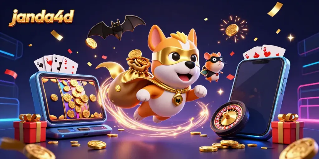 Permainan janda4d yang menarik dengan karakter animasi superhero serta elemen kasino berwarna-warni.