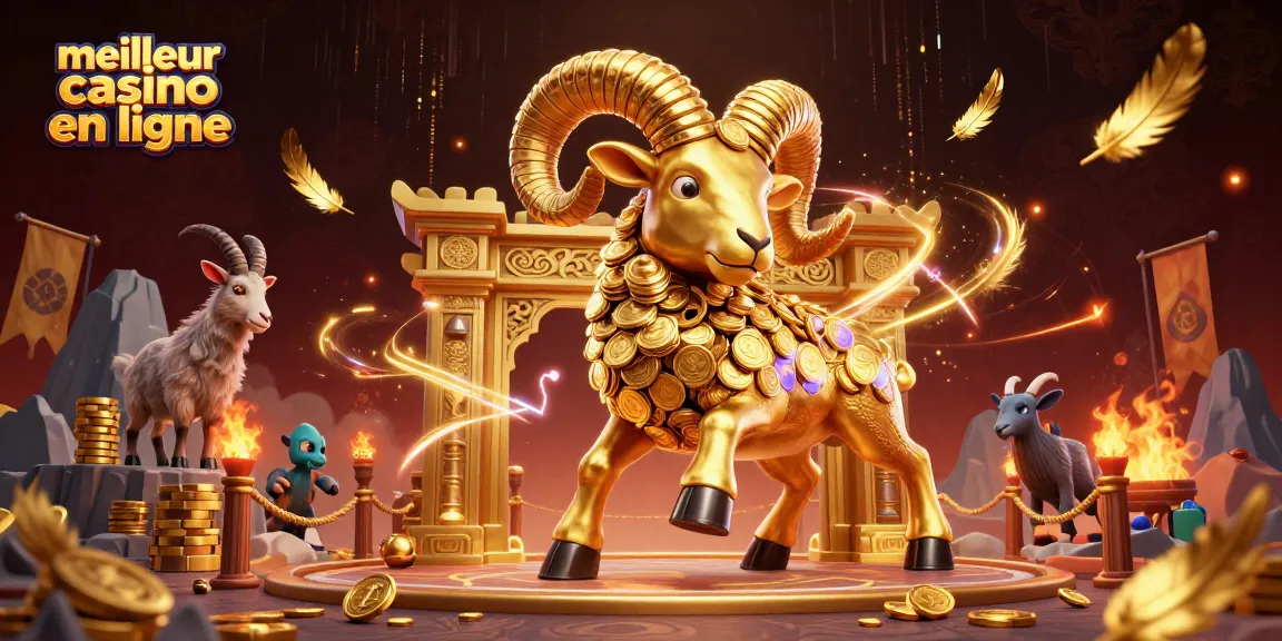Illustration d'un bélier doré chargeant à la porte d'un meilleur casino en ligne avec des jetons et des feux d'animation.