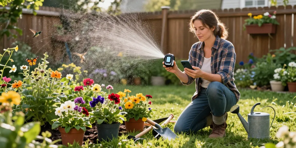 Gardener using a RainPoint sprinkler timer while tending vibrant flowers and plants in a sunny garden.