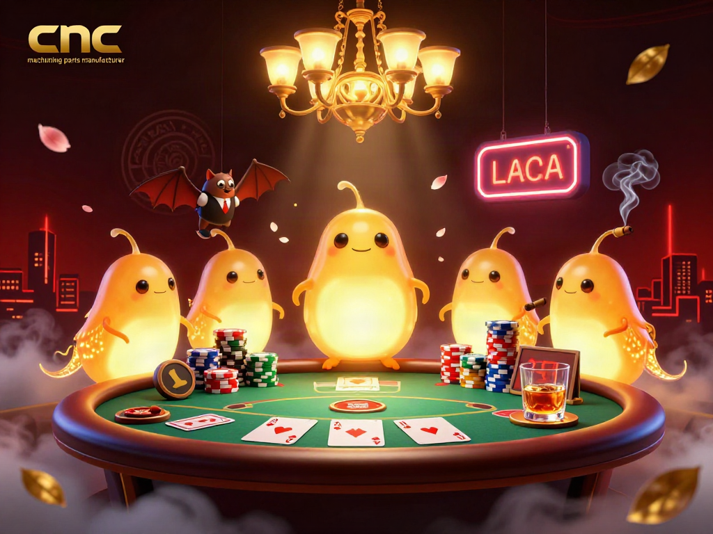 Engaging casino scene showcasing glowworms as chandeliers and neon signs, promoting cnc machining parts manufacturer excitement